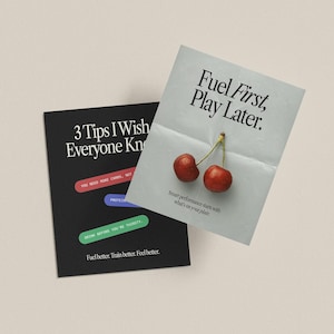 Puede incluir: Dos tarjetas con texto sobre un fondo beige claro. La tarjeta superior es azul claro con el texto "Fuel First, Play Later." y una foto de dos cerezas rojas. La tarjeta inferior es negra con el texto "3 Tips I Wish Everyone Knew" y tres cajas rectangulares de colores con texto.