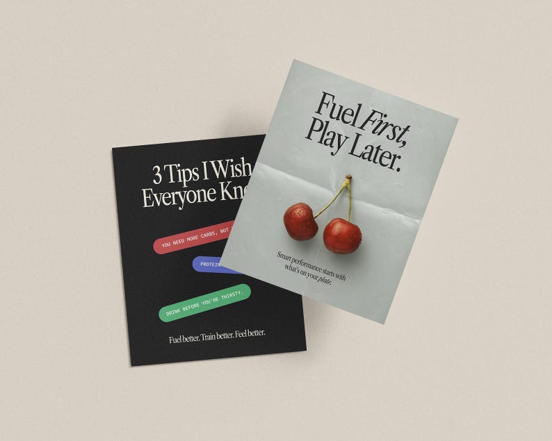 Puede incluir: Dos tarjetas con texto sobre un fondo beige claro. La tarjeta superior es azul claro con el texto "Fuel First, Play Later." y una foto de dos cerezas rojas. La tarjeta inferior es negra con el texto "3 Tips I Wish Everyone Knew" y tres cajas rectangulares de colores con texto.