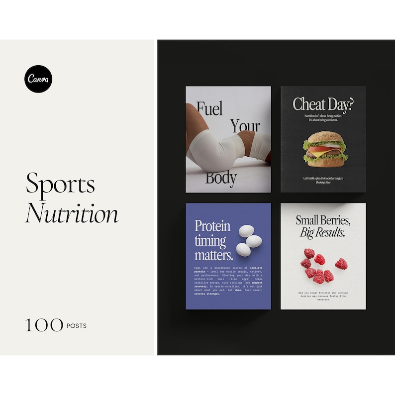 Plantillas de Canva para nutrición deportiva: 100 publicaciones editables para Instagram (PDF) imagen 1