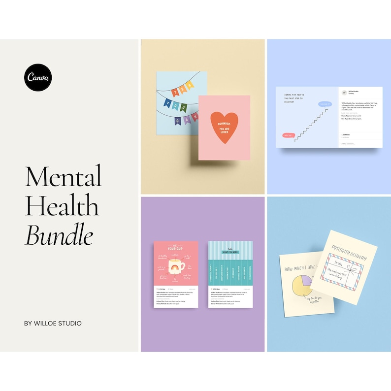 May include: A digital download bundle of printable mental health worksheets. The bundle includes worksheets for self-care, gratitude, and positivity. The worksheets are designed in a colourful and modern style.