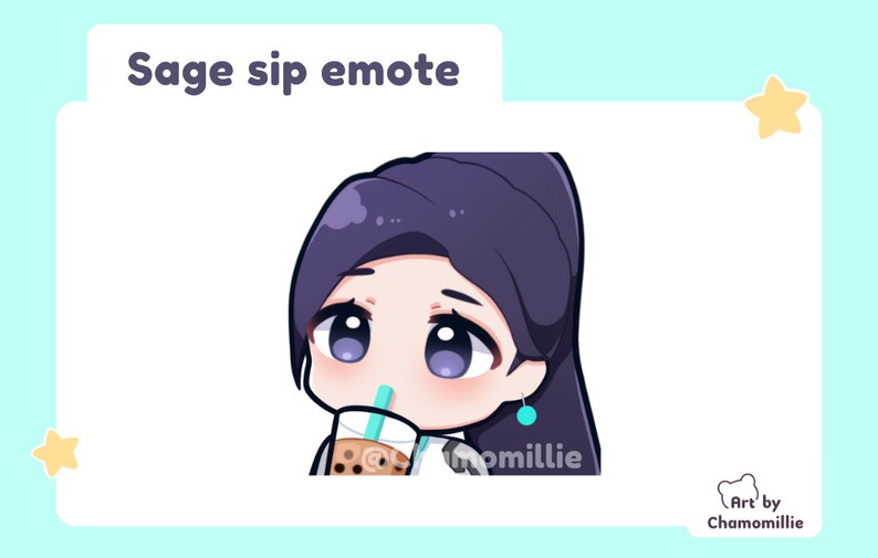 K&ouml;nnte beinhalten: Eine Cartoon-Illustration einer Frau mit lila Haaren, die aus einem Boba-Tee-Becher mit einem blau-wei&szlig;en Strohhalm trinkt. Der Text "Sage sip emote" befindet sich oben im Bild. Der Text "Art by Chamomillie" befindet sich unten im Bild.