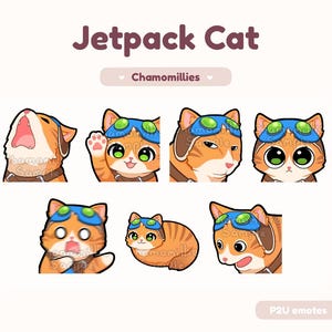 以下が含まれることがあります： 様々な表情の漫画の猫の絵文字のコレクション。猫はオレンジと白で、青いゴーグルと飛行士のヘルメットを着用しています。「Jetpack Cat」の文字が上部にあり、「Chamomillies」と「P2U emotes」も表示されています。