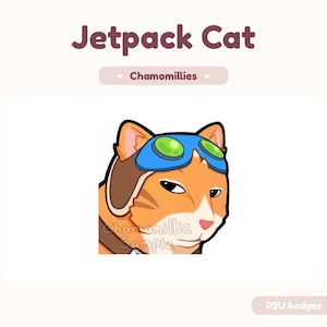 以下が含まれることがあります： 茶色の飛行士ヘルメットと緑色のレンズが付いた青いゴーグルを着用したオレンジ色のトラ猫の漫画イラスト。「Jetpack Cat」の文字が猫の上にあり、「Chamomillies」と「P2U badges」が下にあります。