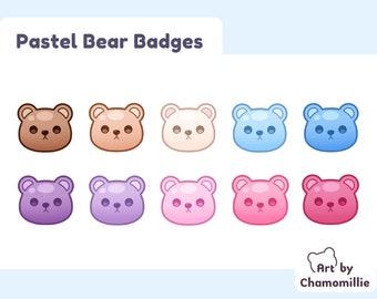 May include: Nine pastel colored bear badges with a glossy finish. The bears have brown eyes and noses. The colors are brown, beige, light blue, blue, purple, lavender, pink, and red.