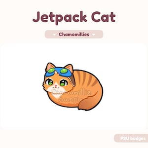 以下が含まれることがあります： 青いゴーグルをかけた、茶色の縞模様のオレンジ色の漫画の猫。猫の上には「Jetpack Cat」という文字があり、その下には「Chamomillies」と「P2U badges」という文字があります。
