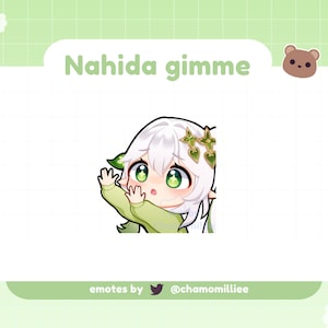 Può includere: Un'illustrazione digitale di un personaggio dei cartoni animati con occhi verdi e capelli bianchi che indossa un maglione verde e una corona di foglie verdi. Il personaggio guarda a sinistra e ha un'espressione sorpresa. Il testo "Nahida gimme" è sopra il personaggio. Il testo "emotes by @chamomilliee" è sotto il personaggio.