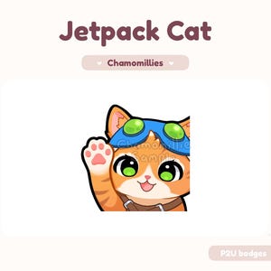 以下が含まれることがあります： 緑色の目と青と緑のパイロットの帽子をかぶったオレンジ色の漫画の猫が、手を振っています。画像には「Jetpack Cat」と「Chamomillies」の文字が含まれています。猫は茶色のハーネスをしており、P2Uバッジです。