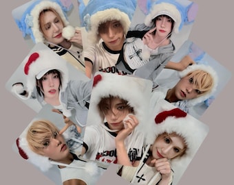 May include: A collage of individuals wearing various hats. Some hats are white with red accents, while others are blue with fluffy trim. The hats have unique designs, including animal ears and pom-poms. The people are wearing casual clothing.