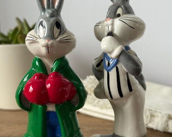 Vintage Bugs Bunny Salz & Pfeffer Streuer | Boxer und Ringschiedsrichter Warner Bros Looney Tunes | 1993 Keramik Set