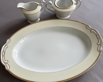 Fukagawa Fine China 3-teiliges Servier-Set: Servierplatte, Milchkännchen, Zuckerdose – Goldrand