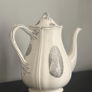 May include: A cream-colored ceramic teapot featuring a fluted body and a matching lid. The surface is decorated with detailed grey illustrations of various seashells and sea urchins, while the handle is accented with delicate leaf-like line art.