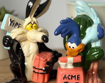 Vintage Wile E. Coyote & Road Runner Salz und Pfefferstreuer | ACME TNT Looney Tunes Keramik Set