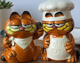 Salero y pimentero vintage de Garfield Chef / 1978, cerámica, decoración de cocina, artículo de colección