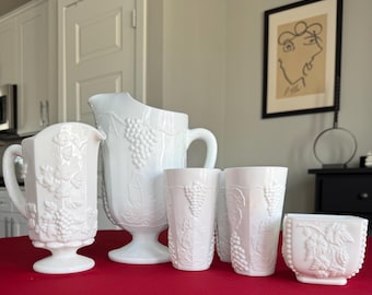 Vintage Westmoreland Milk Glass Beverage Set | Grape Vine Pitcher & Tumblers, Mid Century Barware