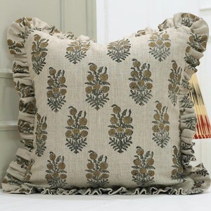 Frill cushion cover, hand block print ruffle pillow, couch cushion, floral print cushion for home decor, farmhouse linen pillow - HJARA