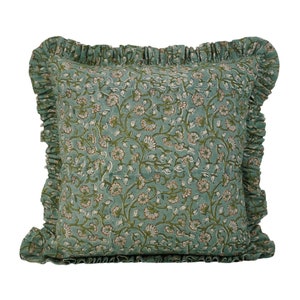 Hand block print, floral decor cushion cover, frill square cushion for room, printed linen pillow, quilted cushion, bohemian  - HIMACHAL