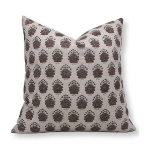 Handmade floral block print pillow cover, natural pure linen fabric cushion, hand block print, Indian bohemian decor sofa pillow - BHEESHMA