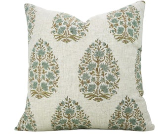 Green floral pillow cover for Living room, farmhouse indoor pillow, block print cushion cover, viscose linen fabric cushion - KUMUD