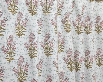 Boho Floral Block Print Linen Curtains, Colored Linen Ring Top Panels, Handmade Window Drapes, Artisan Linen Curtain Panel-FAB-ROSEMARY