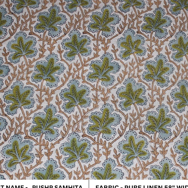 Pure Linen 58" Wide, Block print fabric, Pure Linen Fabric, printed curtains, Indian fabric, Linen Fabric - PUSHP SAMHITA