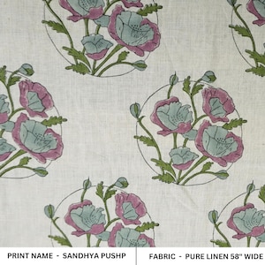Pure linen 58&quot; wide, hand block print, floral handmade linen for drapery and curtain, farmhouse upholstery fabric - SANDHYA PUSHP