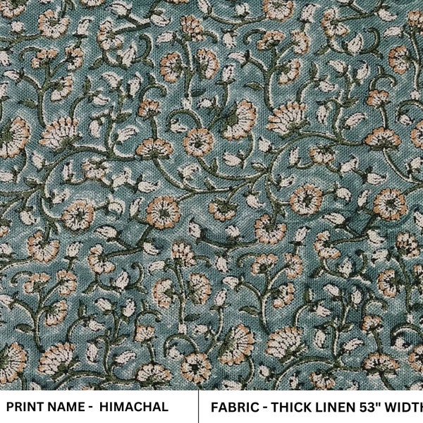 Thick linen 58" Wide, floral block print, fabric, cotton by the yard, linen fabric, cushion cover, upholstery fabric - HIMACHAL DARK