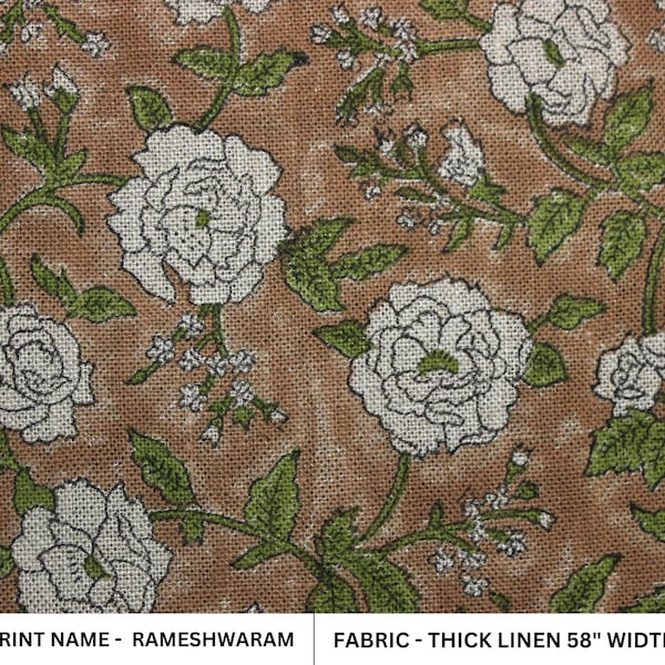 Thick Linen 58" Wide, Hand Block Print Pillow Cover, Thick Linen Running Fabric, Designer Home Decor Linen - RAMESHWARAM