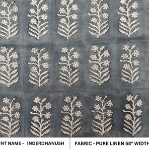 Pure Linen 58" Wide Natural Fabric With Floral Hand Block Print, Fabric By the Yard, Linen perfect for  - INDERDHANUSH