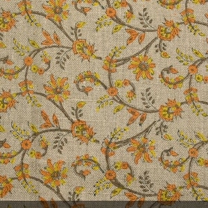 VARANASI ORANGE YELLOW | Linen Block Print Linen Print Fabric, Linen Block Print Fabric By The Yard, Floral Linen Fabric