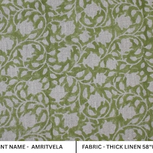 Stof AMRIVELLA GROEN, handblokprint, kussenhoes, bekleding, bloemenprint stof woondecoratie