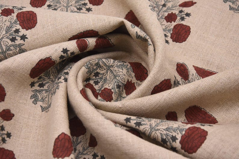 58" Wide Thick Linen Fabric | Red Hand Block Print Textile | Outdoor Pillow Covers, Curtains, Table Covers & Home Decor Material - SWADESH image 2