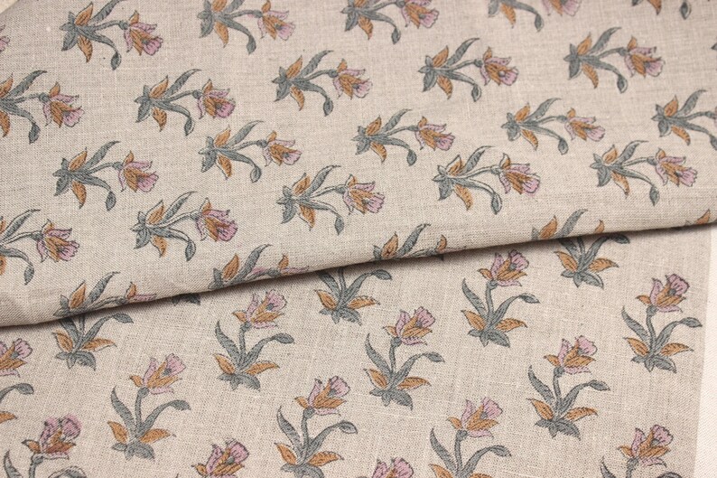 Rustic pure  linen fabric, Indian floral block print for curtains and couches, Heavyweight linen fabric, Indian floral print for rustic chair and table linens, Hand block printed floral pure linen for elegant napkins and farmhouse sofas.