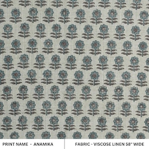 Petrol blau mit braunem Blumen Block Print Handmuster Stoff, indischer Blockprint Stoff für Vorhang, Tischdecke, Viskose Leinen - ANAMIKA