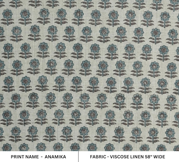 Teal blue with brown floral block print hand block print fabric, Indian block print, fabric for curtain, tablecloth, viscose linen - ANAMIKA