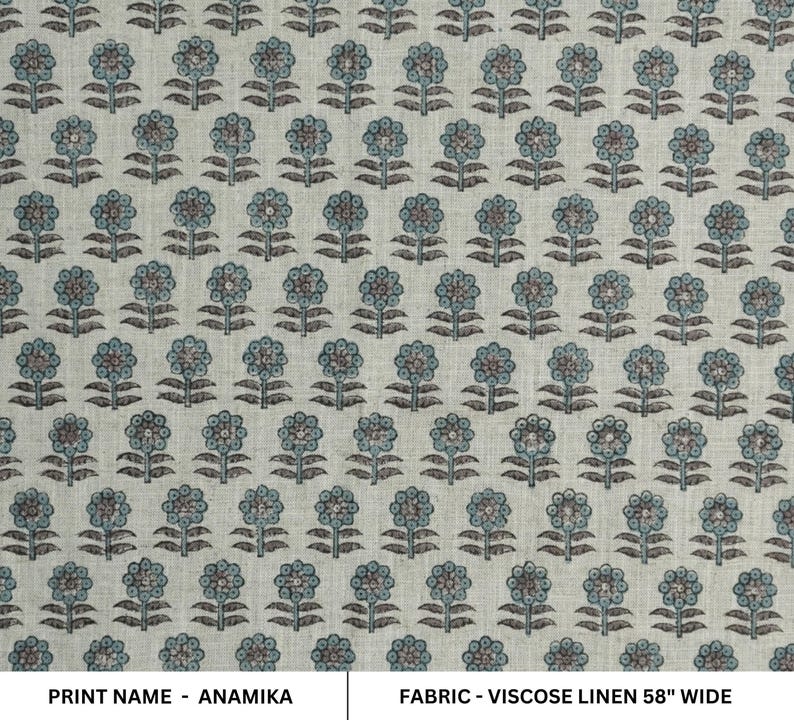 Teal blue with brown floral block print hand block print fabric, Indian block print, fabric for curtain, tablecloth, viscose linen - ANAMIKA image 1