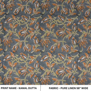 Block print pure linen 58&quot; wide fabric, handmade pillow fabric, linen fabric for table covers, premium linen fabric  - KAMAL DUTTA
