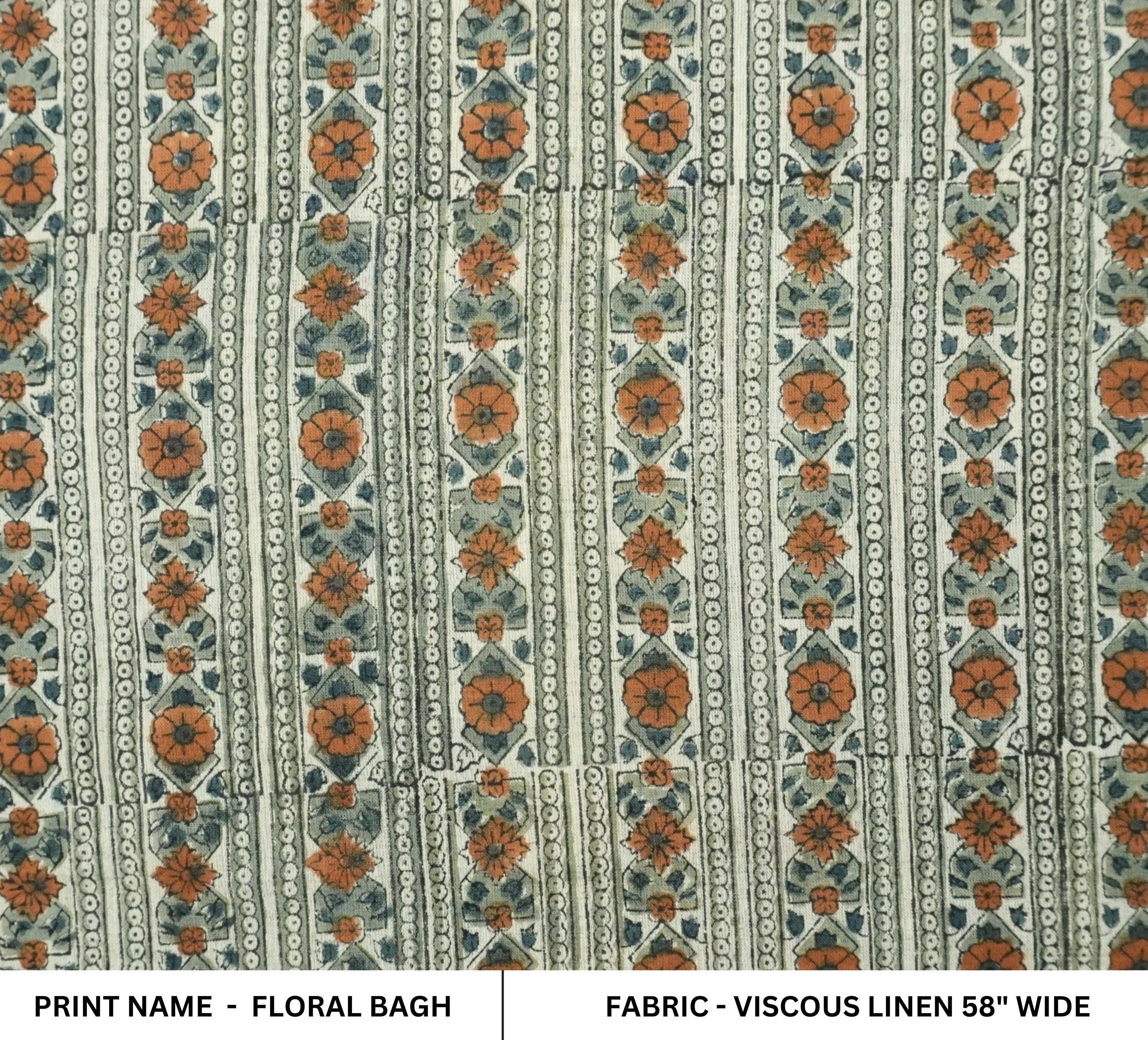 Block print linen, handmade decorative linen fabric, floral cushion and tablecloth linen, Indian textile, fabric by the yard - FLORAL BAGH