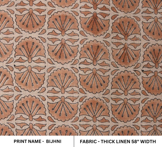 Thick linen 58" Wide, Rust Floral Hand block Linen Pillow Cover, Indian Upholstery Fabric Cushion Cover, Table Cloth - BIJHNI
