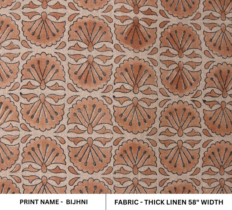 Linen Block Print Fabric 58 Inch Width Heavy Weight Linen Natural Base Color Curtains and Drapes Upholstery Handmade Art Pillow Covers Tablecloths and Runners Bedding Tote Bag Lampshades Napkins by Fabritual