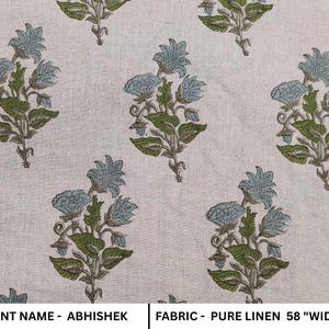 ABHISHEK || Grijsgroen grote 6-inch lange linnen stof met bloemenblokprint, kussenkussen bekledingsstof op maat gesneden, woondecoratie