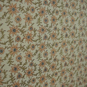 May include: A repeating pattern of stylized flowers in shades of peach, blue, and green on a cream background. The floral design features detailed petals and centers, with connecting vines. The overall aesthetic is reminiscent of vintage wallpaper.