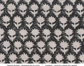 PANKHUDI BLACK floral block print linen fabric, fabric by the yard, Cushion pillow cover sewing cotton, upholstery
