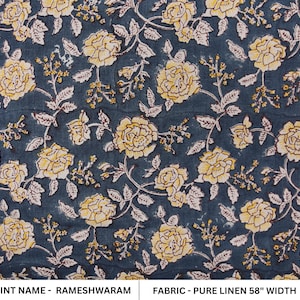 Pure Linen 58&quot; Wide, Block print fabric, Window curtain, Pure Linen Fabric, printed curtains, Indian fabric, Linen Fabric - RAMESHWARAM