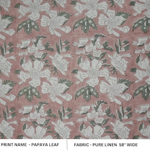 Pure linen 58&quot; wide, hand block print linen fabric, Indian floral fabric for cushion and tablecloth, window curtain - PAPAYA LEAF