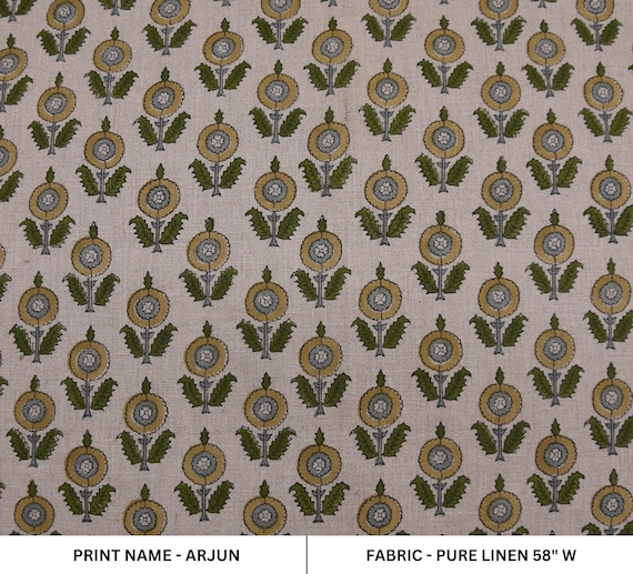 Block print pure linen 58" wide, linen cushion cover, window curtains, linen lampshade, Indian block print textiles - ARJUN