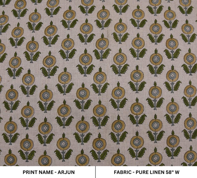 Linen Block Print Fabric 58 Inch Width Medium Weight Linen Natural Base With Unique  Color Curtains and Drapes Upholstery Pillow Covers Tablecloths and Runners Bedding Tote Bag Lampshades Napkins by Fabritual
