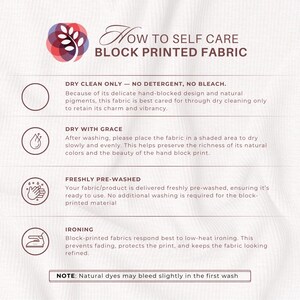 The image is a block printed fabric care guide that provides instructions on how to properly care for the fabric.