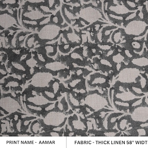 Hand Block Print, Thick Linen 58&quot; Wide, floral fabric, Leaf Print, linen curtains, Home Decor, Indian Fabric - Aamar