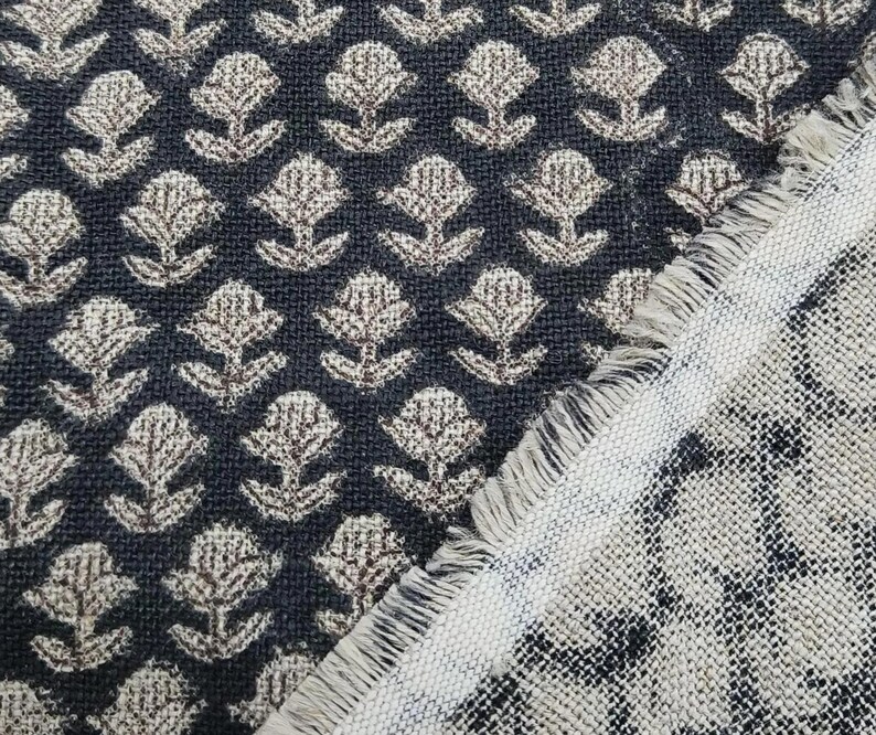 Linen Block Print Fabric 58 Inch Width Heavy Weight Linen Natural Base Color  Upholstery Handmade Art Pillow Covers Tablecloths and Runners Bedding Tote Bag Lampshades Napkins by Fabritual