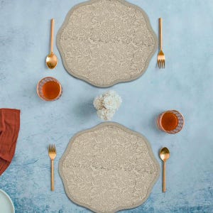 Tea Table Linens, Scalloped Placemats Set, Block Print Placemats Round, Wavy Edge Placemat, Round Table Mat - Vishv Jaal